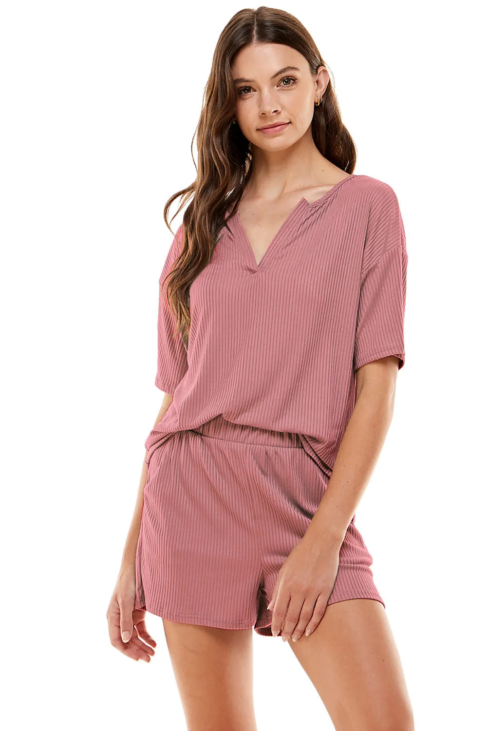 MINT PLUS PINK Women's Ribbed Knit Pajama Sets Short Sleeve Top and Shorts 2 Piece Loungewear with Pockets