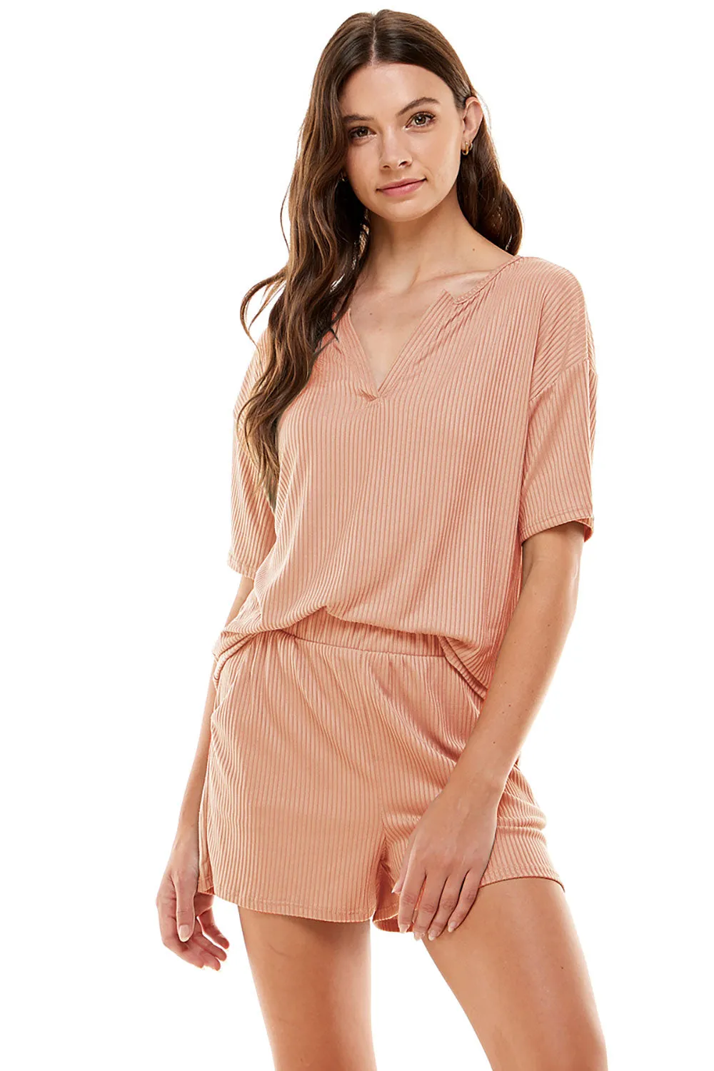 MINT PLUS PINK Women's Ribbed Knit Pajama Sets Short Sleeve Top and Shorts 2 Piece Loungewear with Pockets