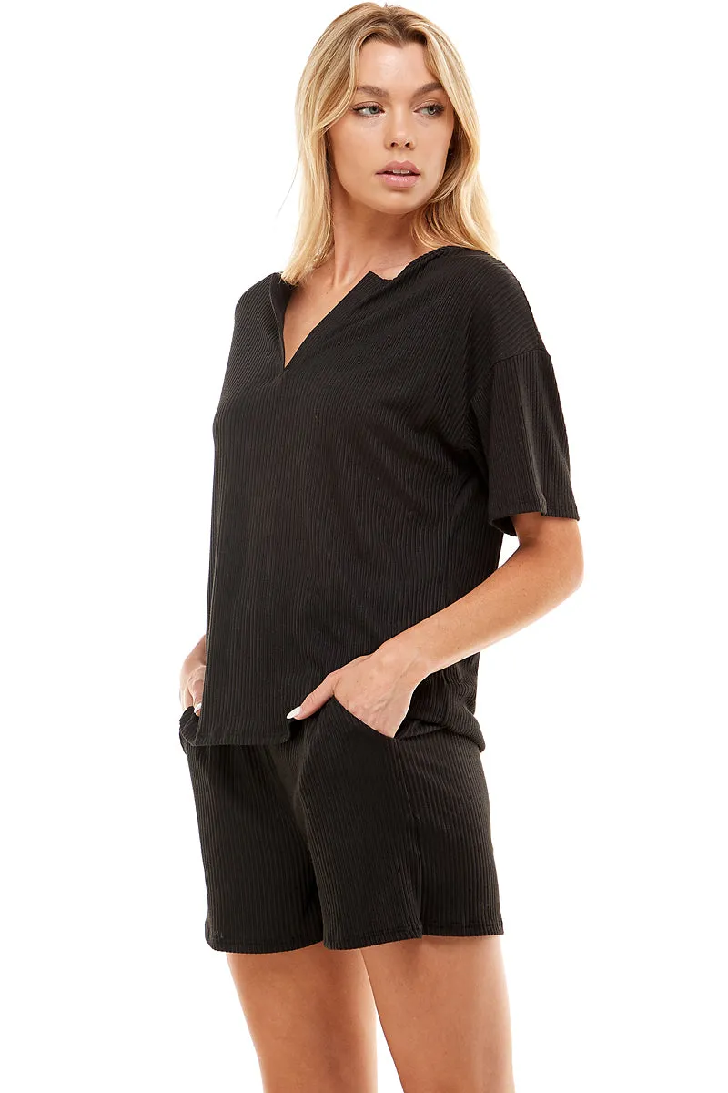 MINT PLUS PINK Women's Ribbed Knit Pajama Sets Short Sleeve Top and Shorts 2 Piece Loungewear with Pockets