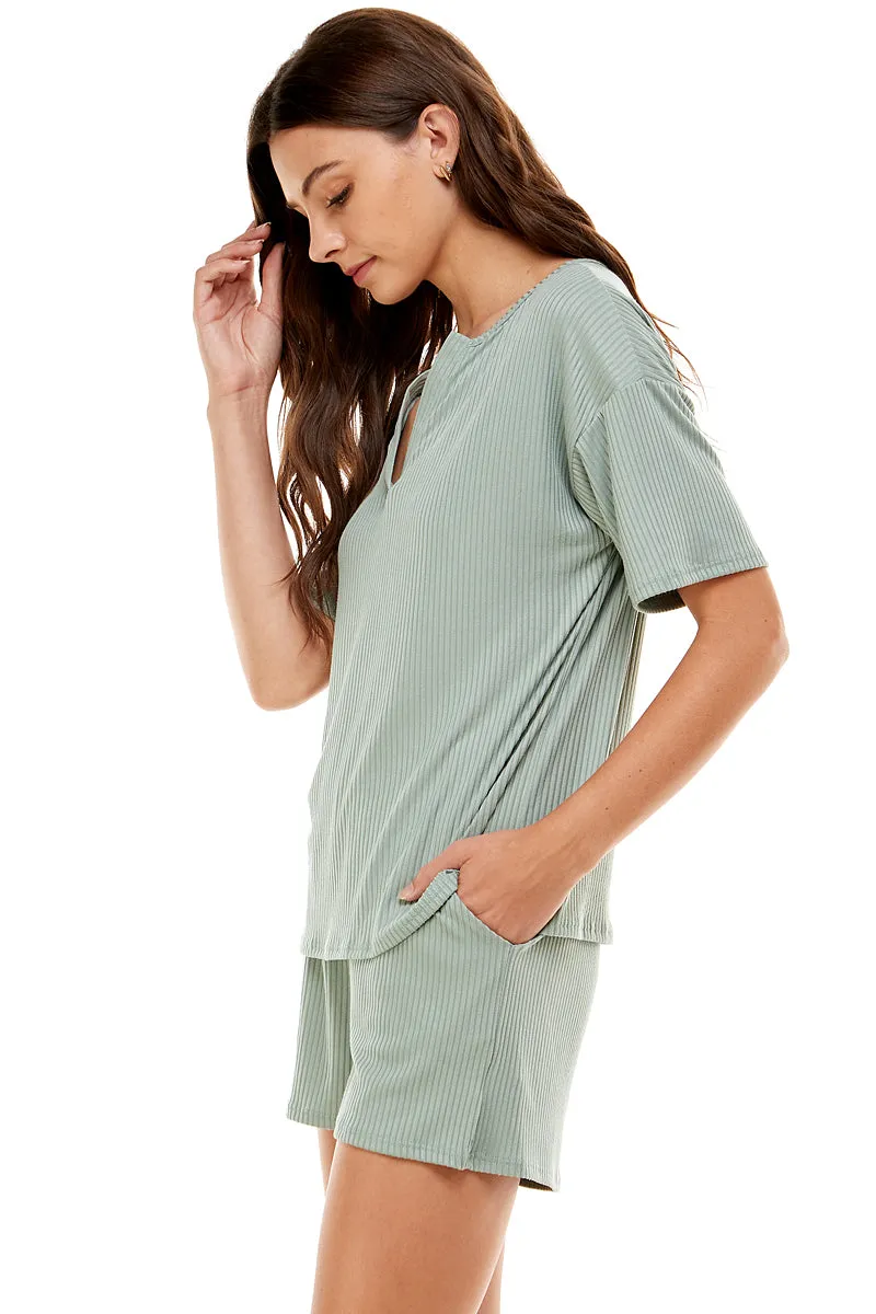 MINT PLUS PINK Women's Ribbed Knit Pajama Sets Short Sleeve Top and Shorts 2 Piece Loungewear with Pockets