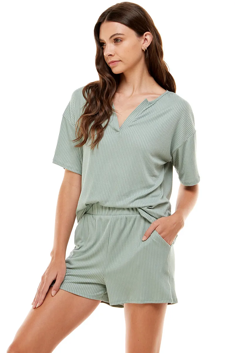 MINT PLUS PINK Women's Ribbed Knit Pajama Sets Short Sleeve Top and Shorts 2 Piece Loungewear with Pockets