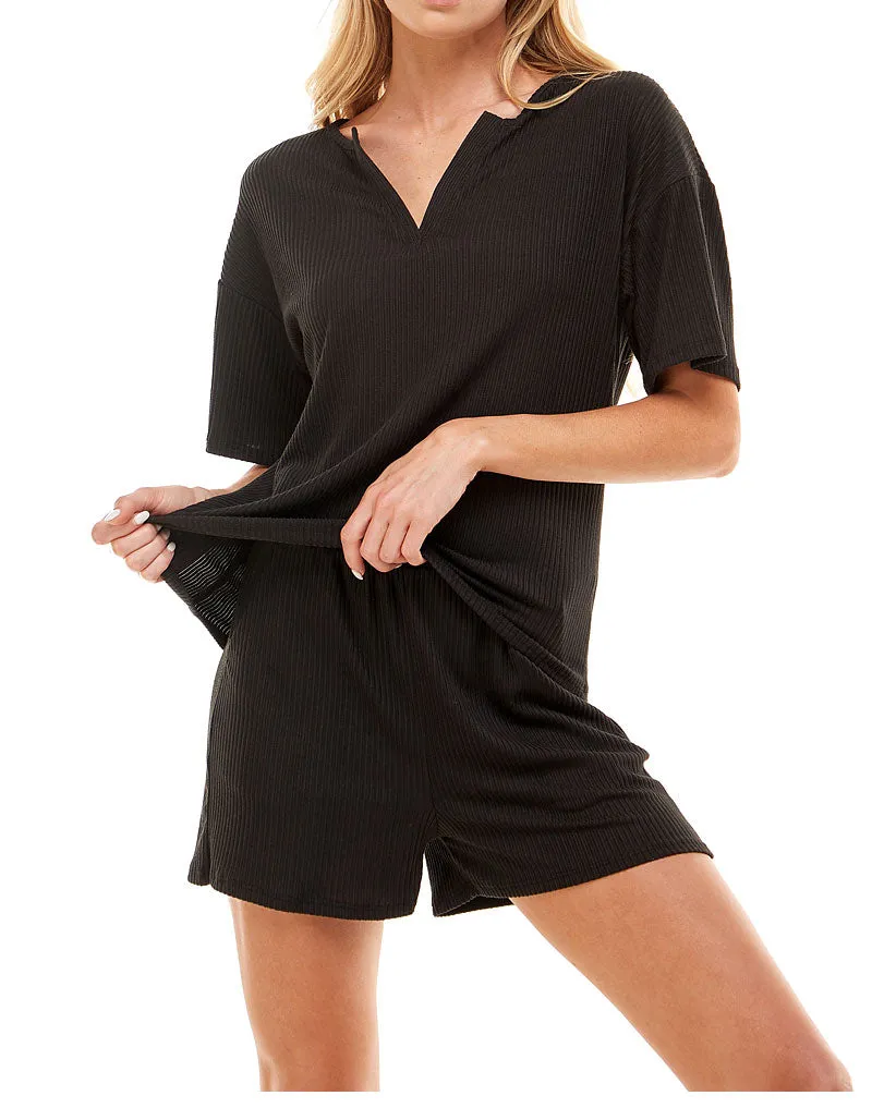MINT PLUS PINK Women's Ribbed Knit Pajama Sets Short Sleeve Top and Shorts 2 Piece Loungewear with Pockets