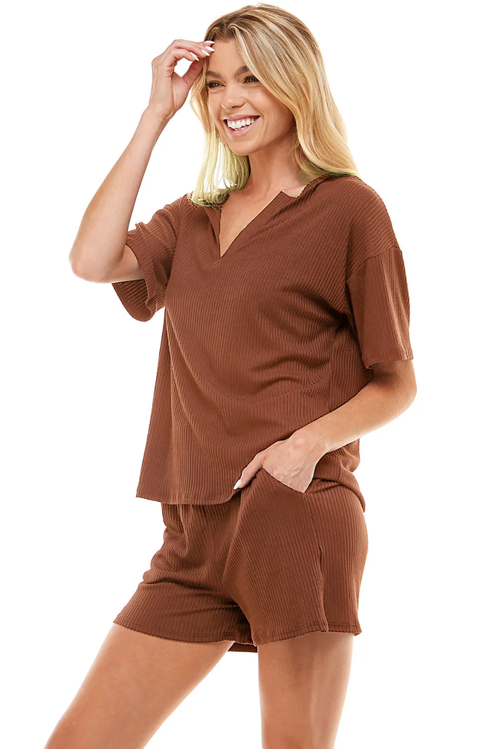 MINT PLUS PINK Women's Ribbed Knit Pajama Sets Short Sleeve Top and Shorts 2 Piece Loungewear with Pockets