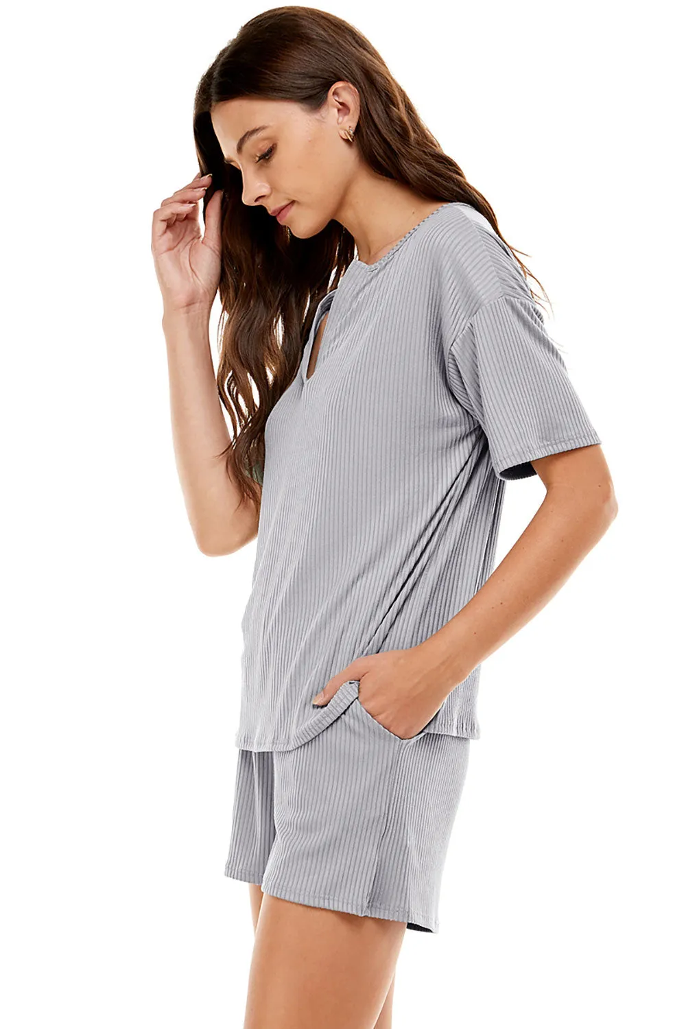 MINT PLUS PINK Women's Ribbed Knit Pajama Sets Short Sleeve Top and Shorts 2 Piece Loungewear with Pockets