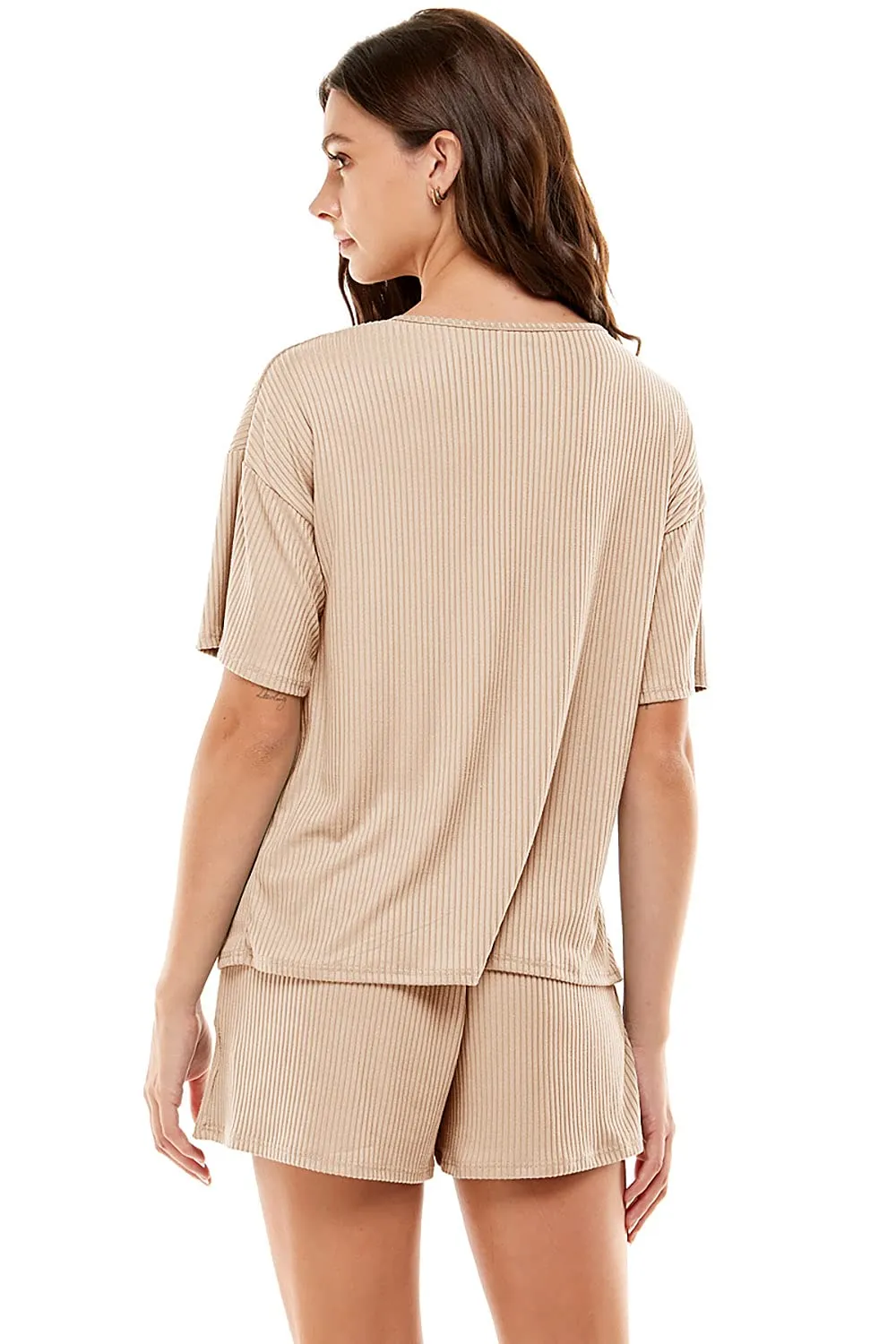 MINT PLUS PINK Women's Ribbed Knit Pajama Sets Short Sleeve Top and Shorts 2 Piece Loungewear with Pockets