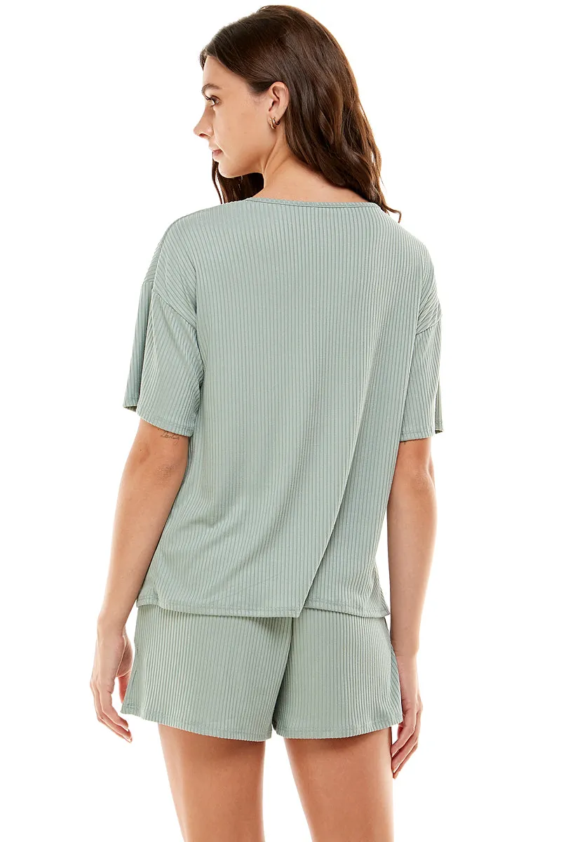 MINT PLUS PINK Women's Ribbed Knit Pajama Sets Short Sleeve Top and Shorts 2 Piece Loungewear with Pockets