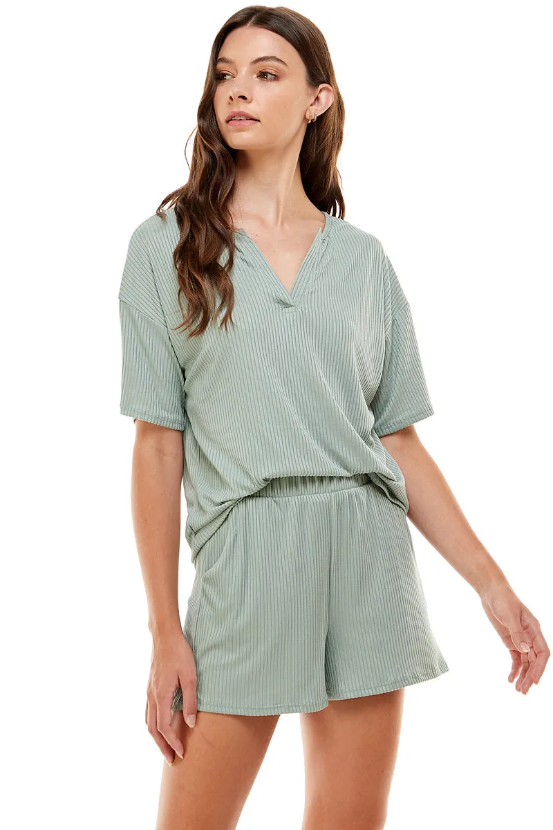MINT PLUS PINK Women's Ribbed Knit Pajama Sets Short Sleeve Top and Shorts 2 Piece Loungewear with Pockets