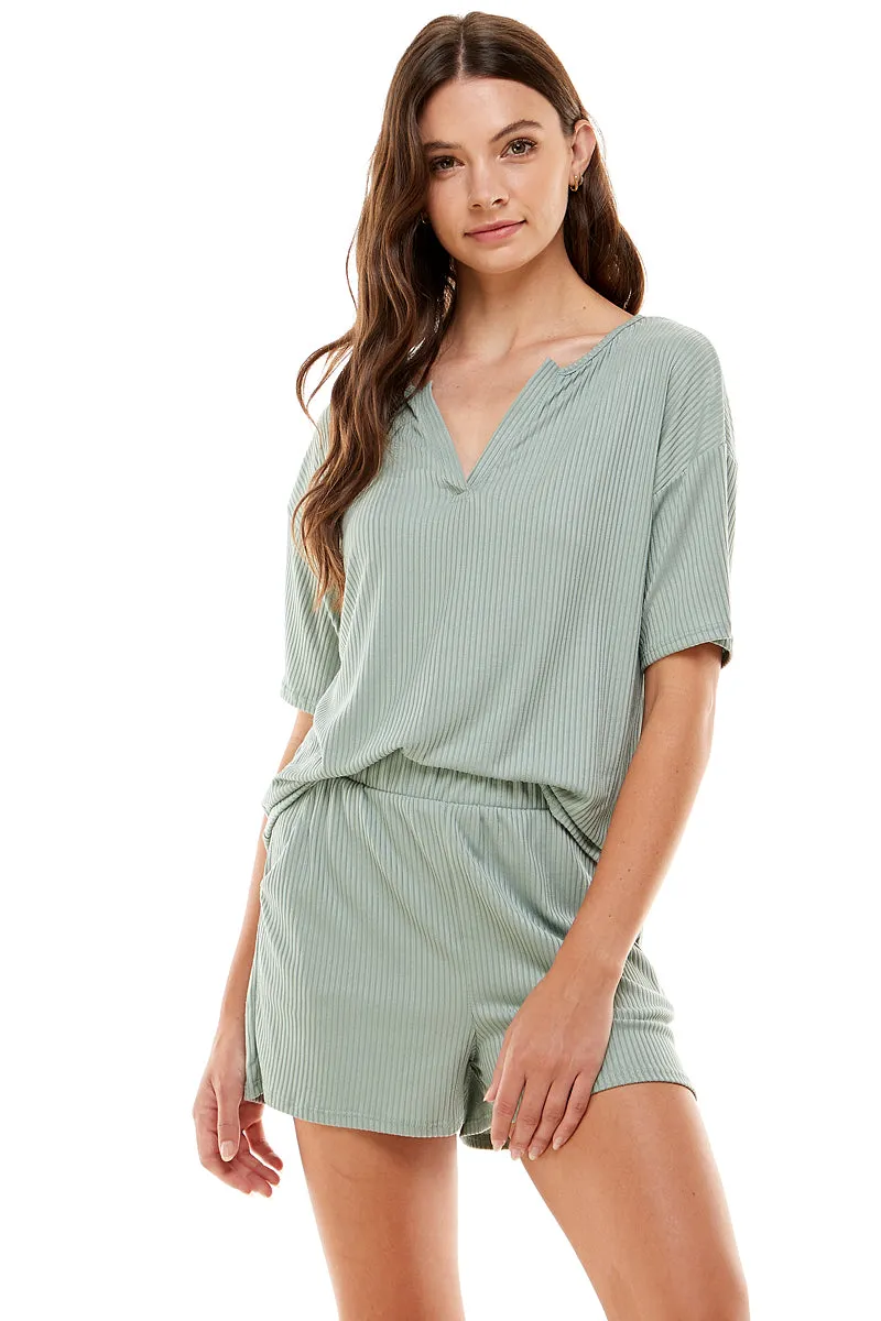 MINT PLUS PINK Women's Ribbed Knit Pajama Sets Short Sleeve Top and Shorts 2 Piece Loungewear with Pockets
