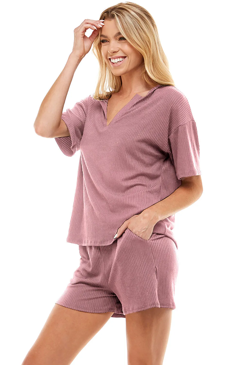 MINT PLUS PINK Women's Ribbed Knit Pajama Sets Short Sleeve Top and Shorts 2 Piece Loungewear with Pockets