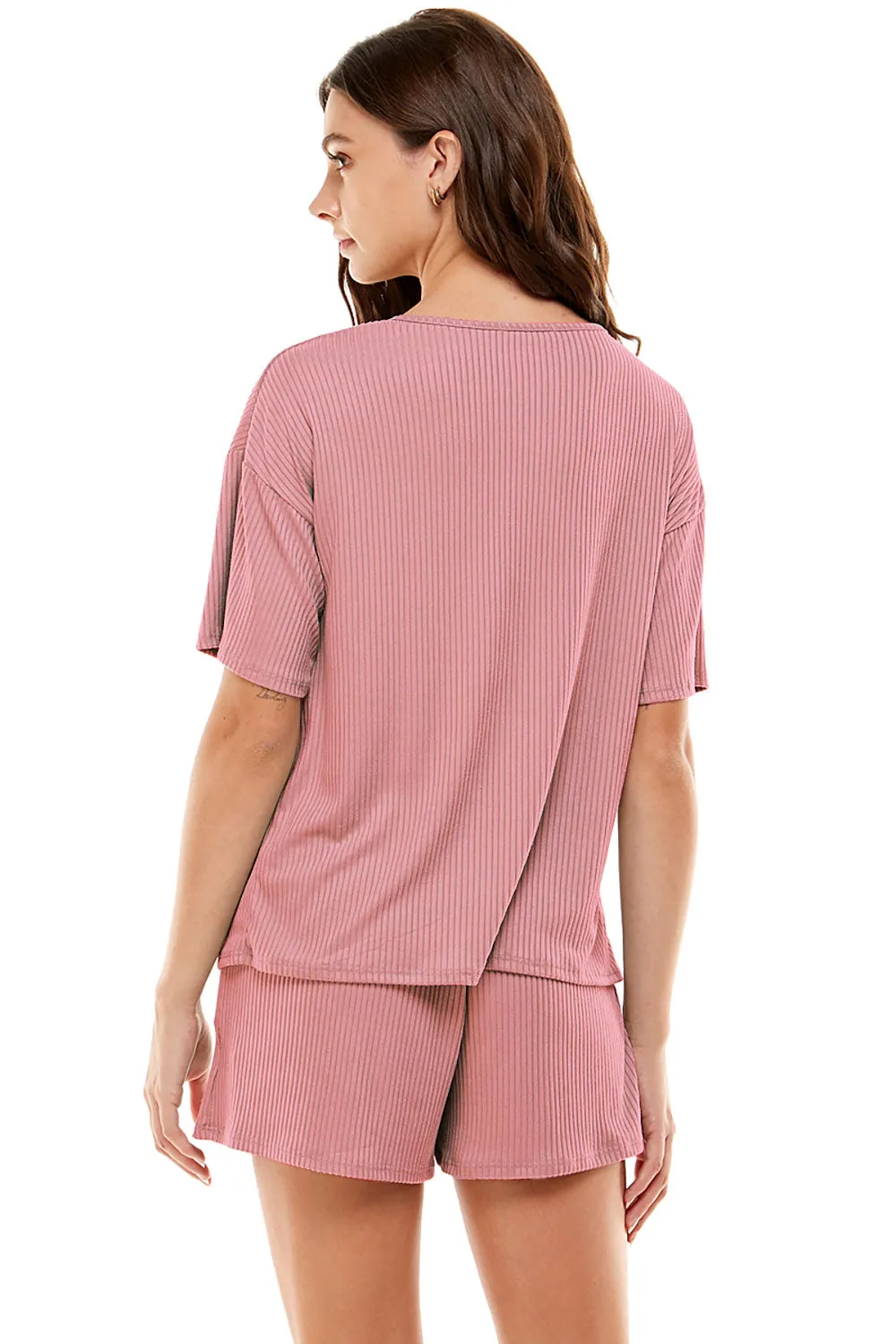 MINT PLUS PINK Women's Ribbed Knit Pajama Sets Short Sleeve Top and Shorts 2 Piece Loungewear with Pockets