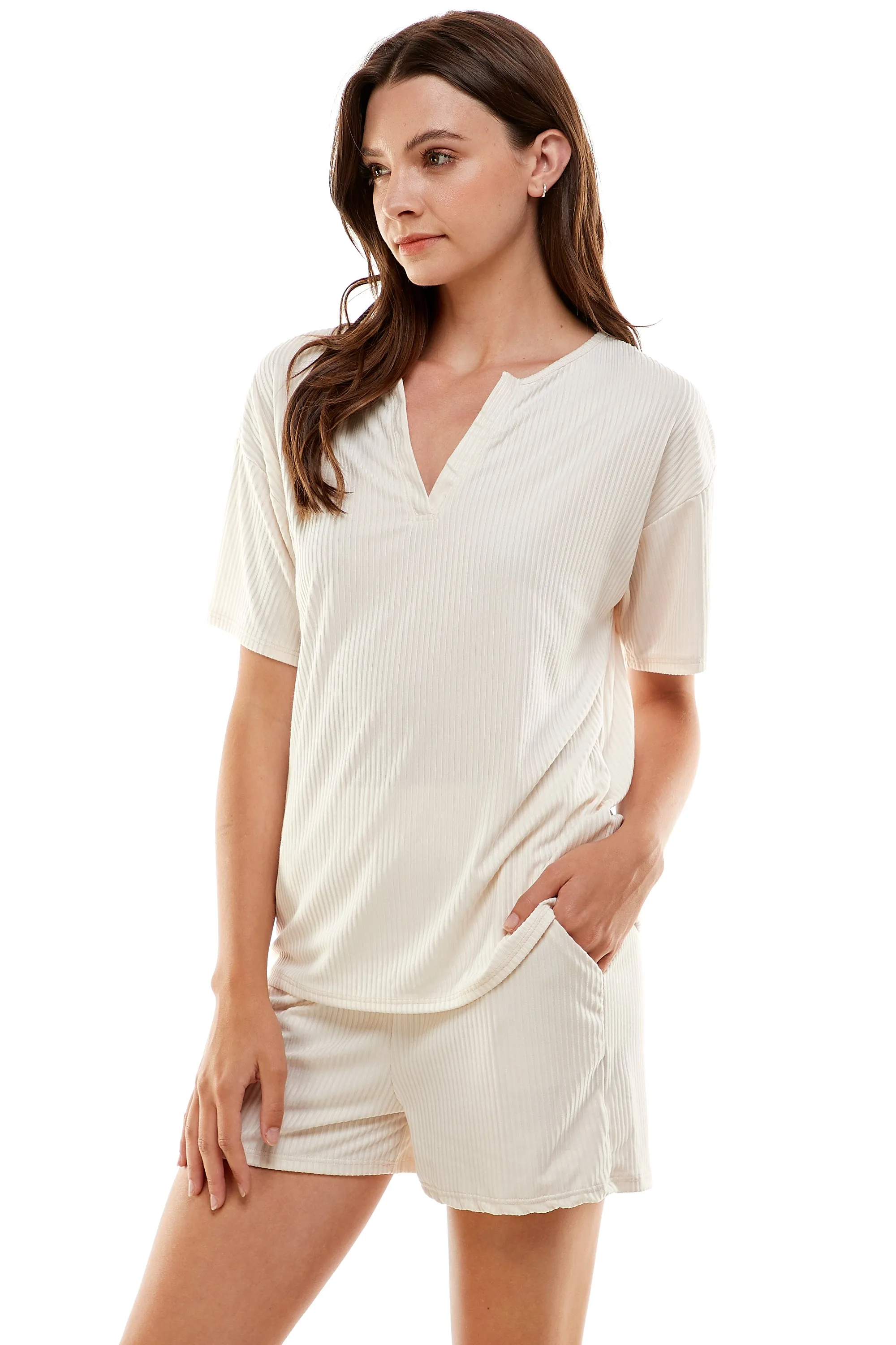 MINT PLUS PINK Women's Ribbed Knit Pajama Sets Short Sleeve Top and Shorts 2 Piece Loungewear with Pockets