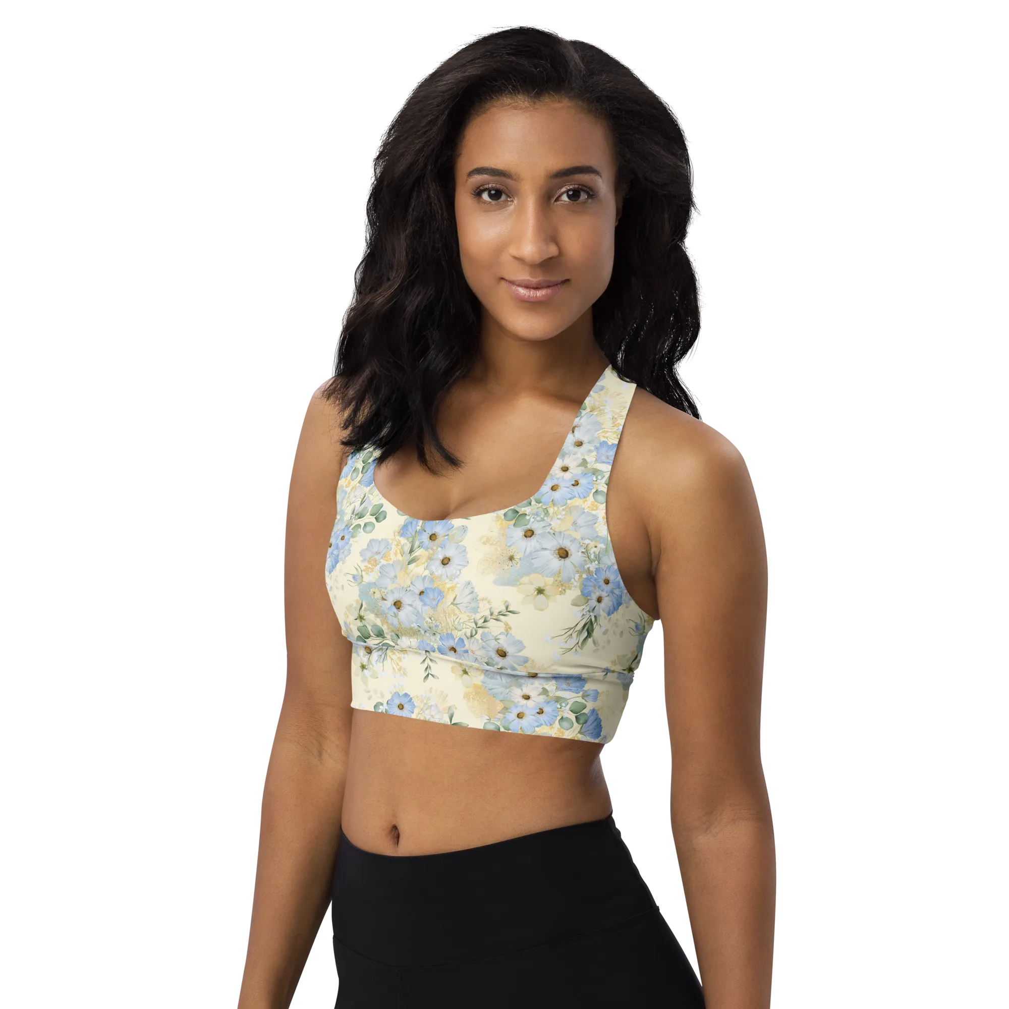 Morning Dew Recycled Longline Sports Bra - Small Print - Apricot White