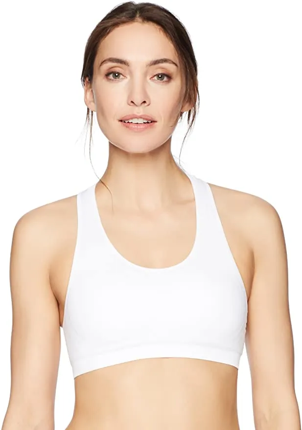 New Amazon Essentials Women's Seamless Racerback Sports Bra with removable cups, White, Sz L