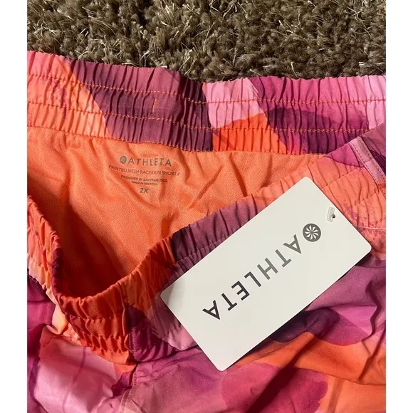 NEW Athleta Womens Shorts 2x Pink Printed Mesh Racer Run Mid Rise 4&quot;