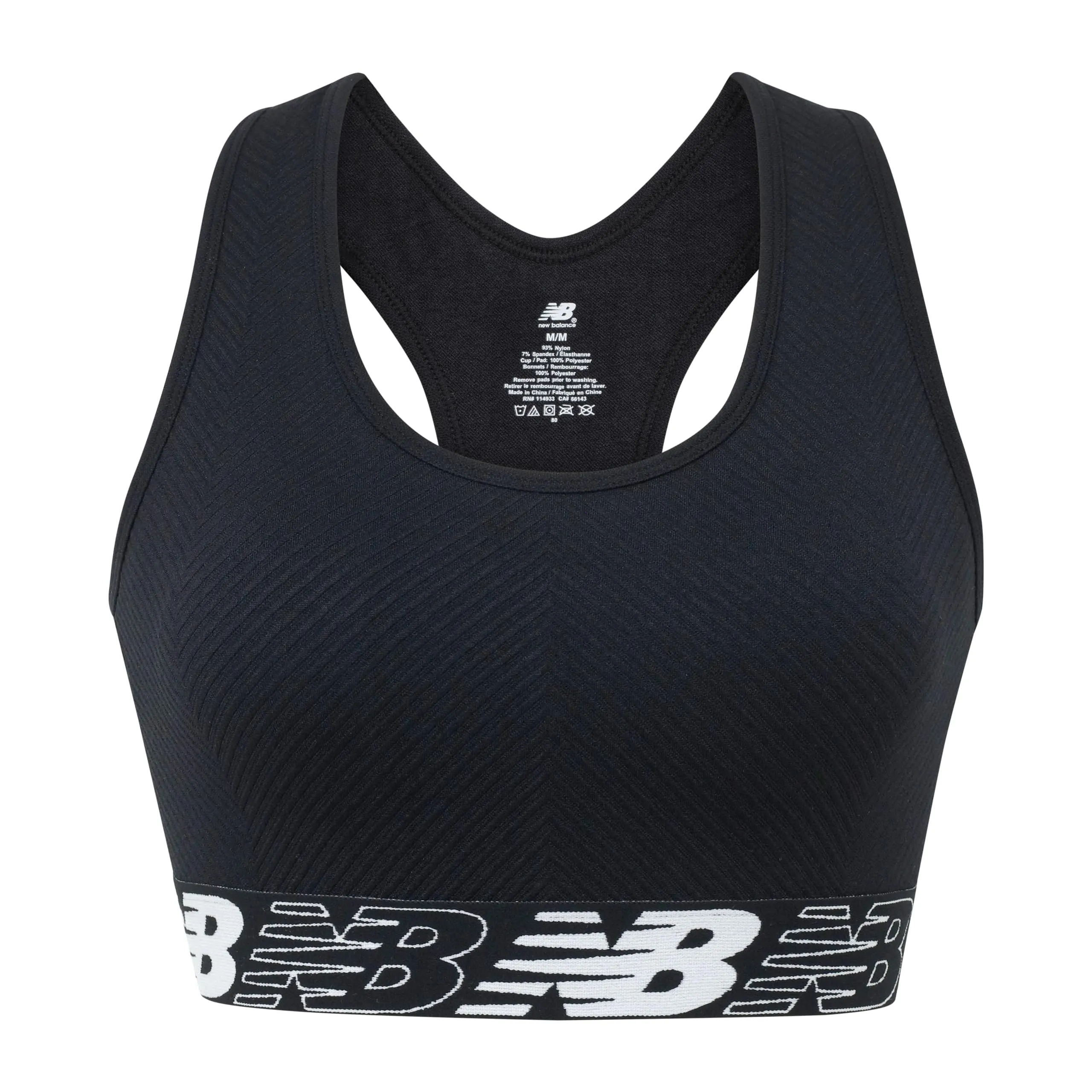 New Balance Womens Seamless Wirefree, Racerback Sports Bra with Removable Pads, Bottom Band with Logo, Black