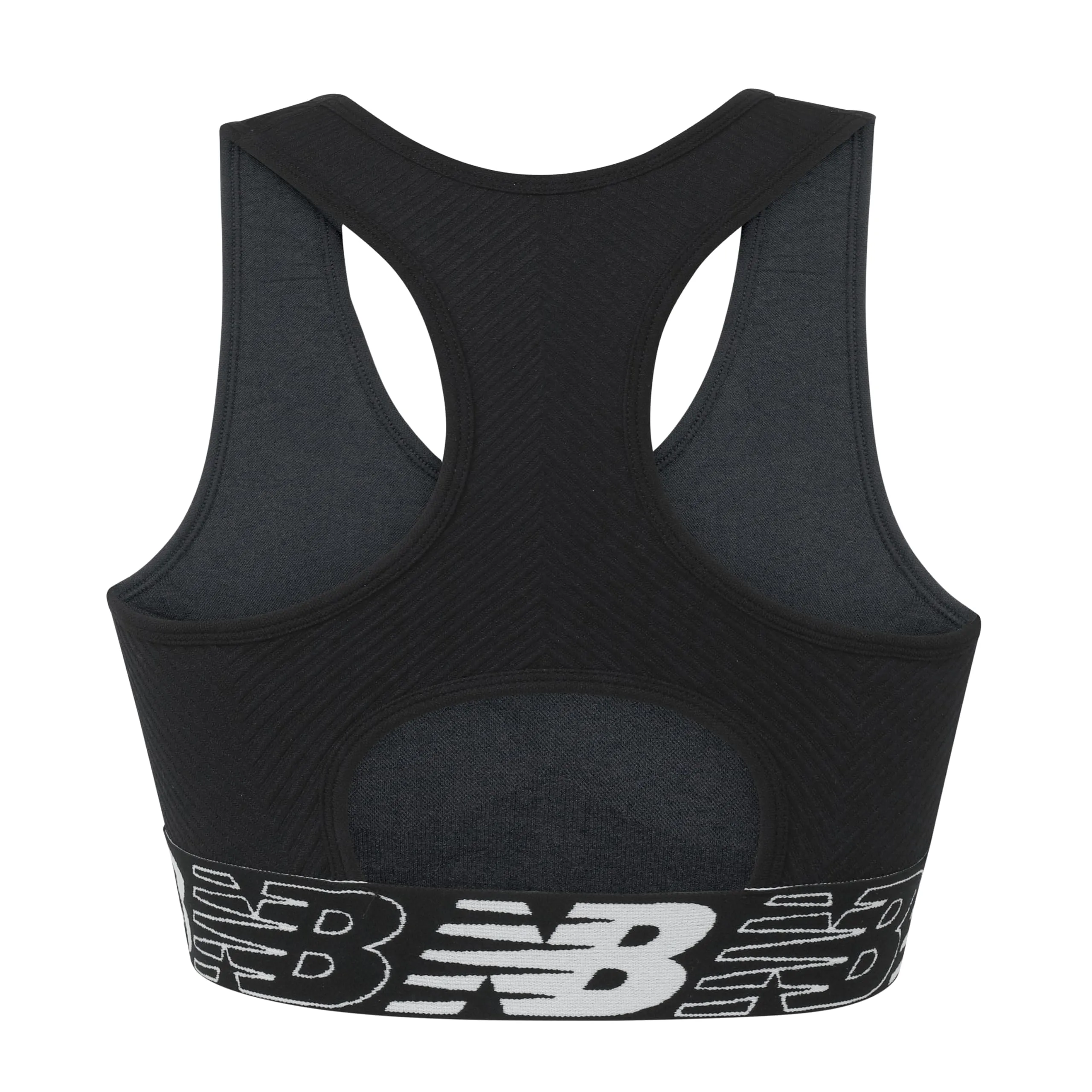 New Balance Womens Seamless Wirefree, Racerback Sports Bra with Removable Pads, Bottom Band with Logo, Black