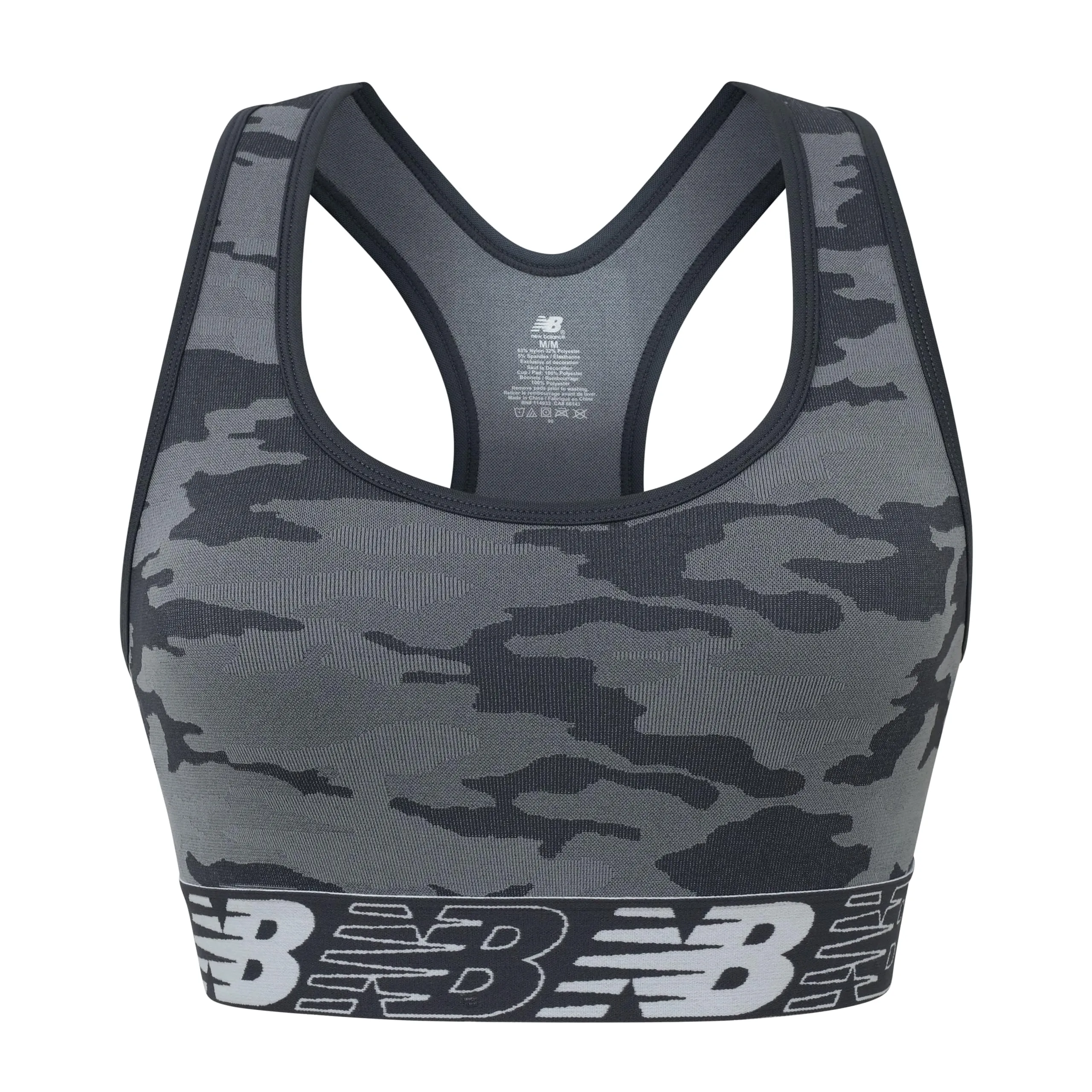 New Balance Womens Seamless Wirefree, Racerback Sports Bra with Removable Pads, Bottom Band with Logo, Camo Magnet