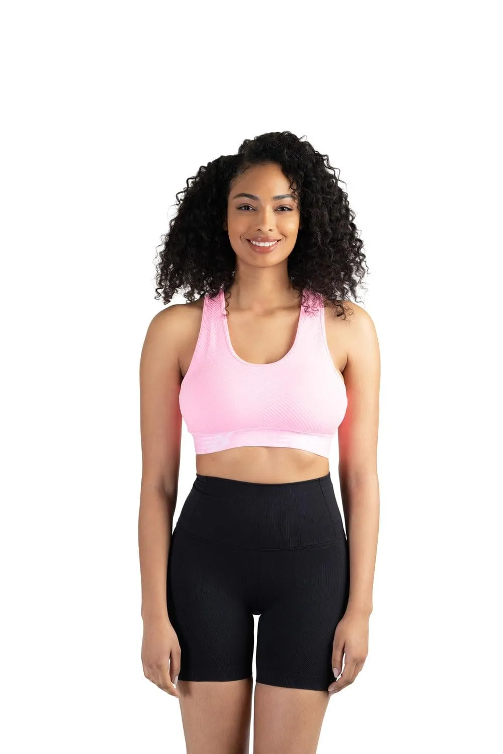 New Balance Womens Seamless Wirefree, Racerback Sports Bra with Removable Pads, Bottom Band with Logo, Munsell White