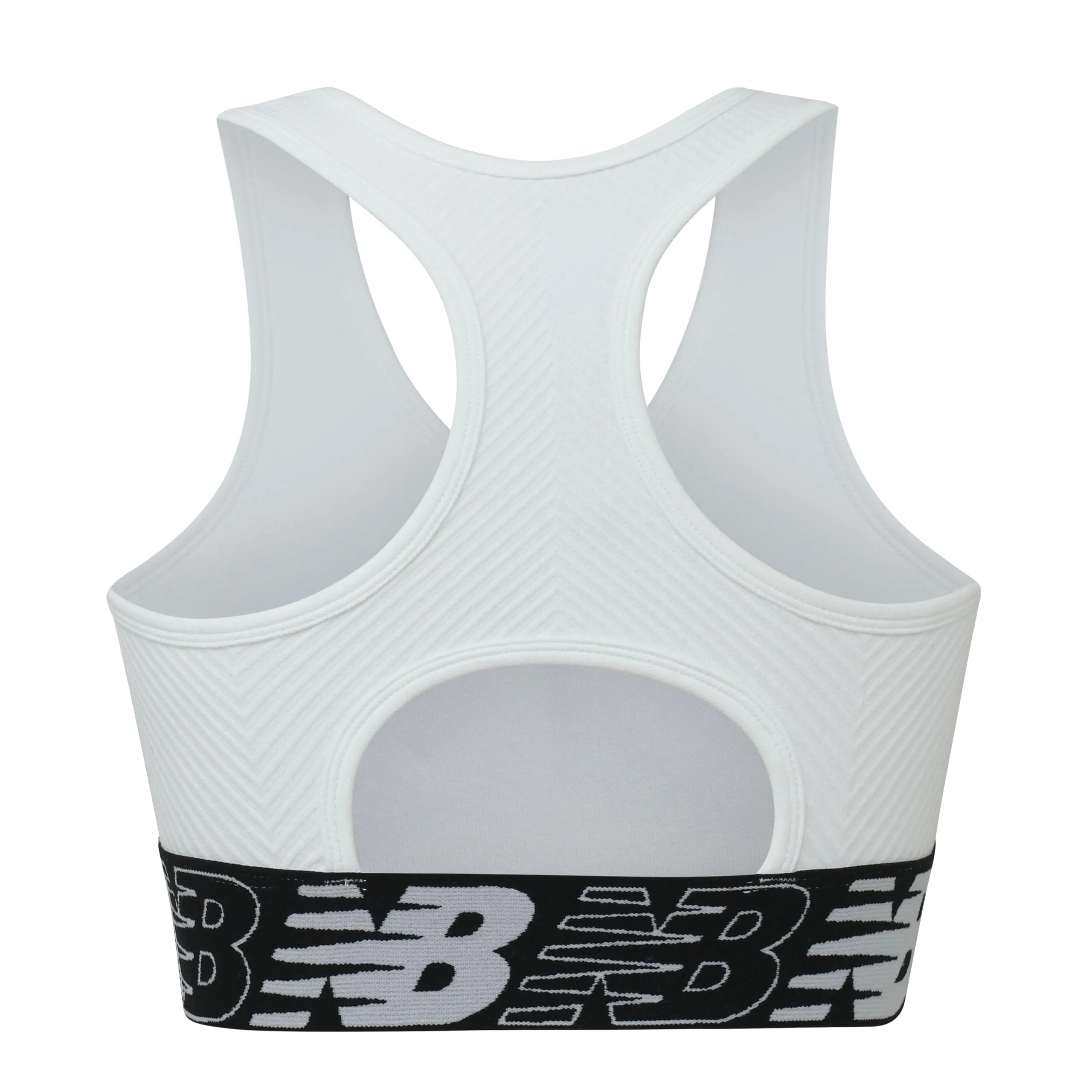 New Balance Womens Seamless Wirefree, Racerback Sports Bra with Removable Pads, Bottom Band with Logo, Munsell White