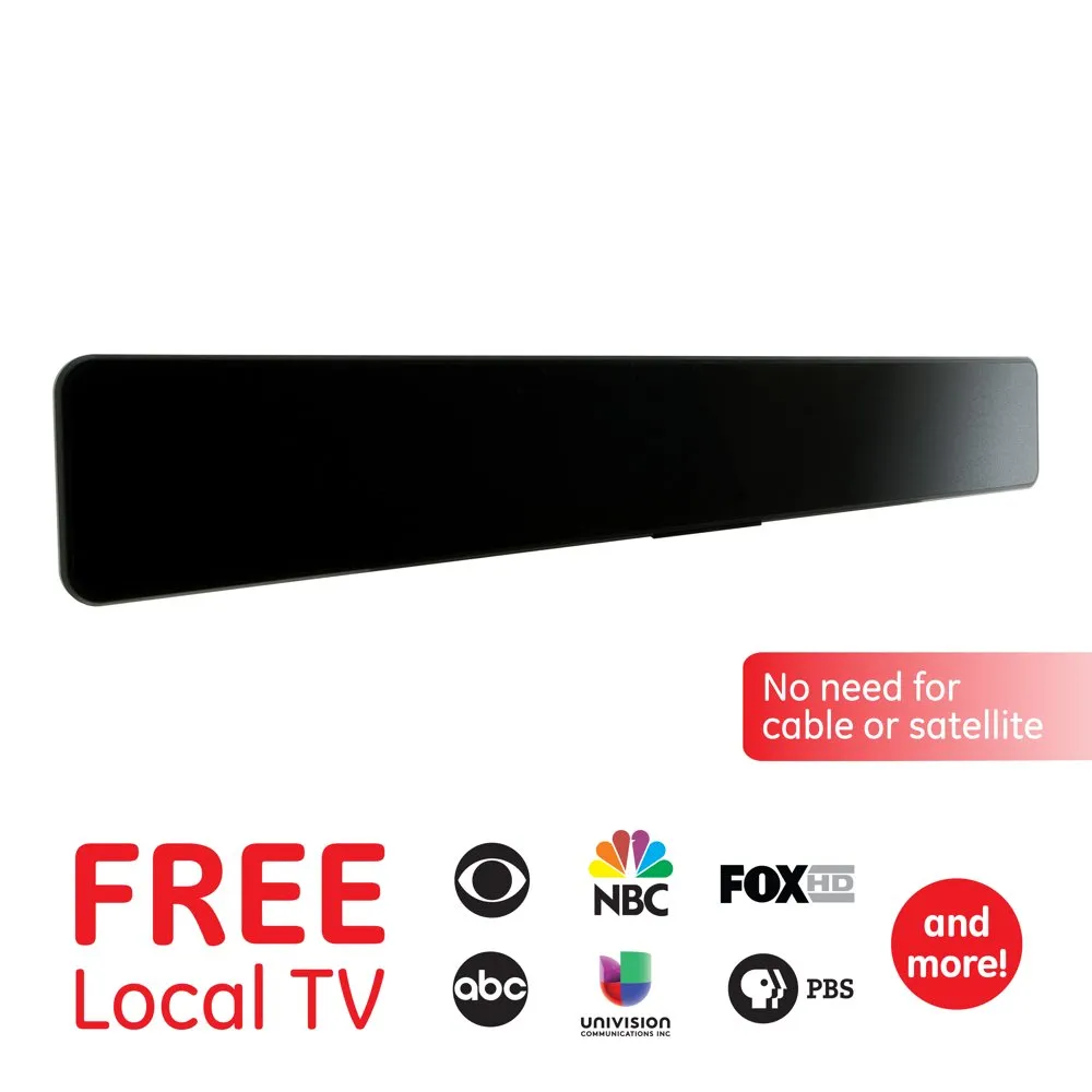 New GE Indoor Amplified Digital HD TV Antenna, Modern Bar Design, Long Range Amplifier Signal Booster, Supports 4K 1080p VHF UHF HDTV, Smart TV Compatible, Black