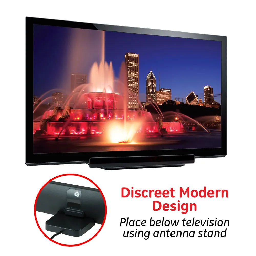 New GE Indoor Amplified Digital HD TV Antenna, Modern Bar Design, Long Range Amplifier Signal Booster, Supports 4K 1080p VHF UHF HDTV, Smart TV Compatible, Black