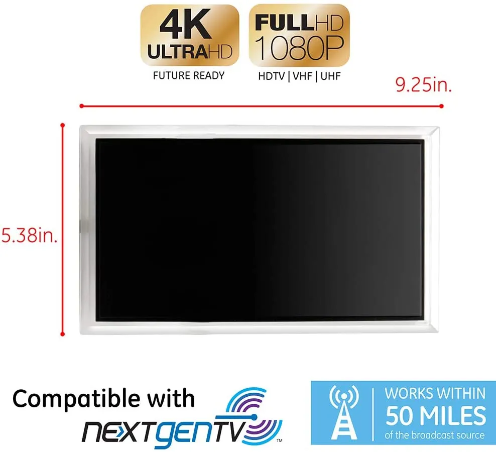 New in box! GE Indoor Pro Crystal TV Antenna, Amplified Long Range HD Antenna, Digital, HDTV Antenna, Smart TV Compatible, 4K 1080P VHF UHF, 6Ft Coaxial Cable, Amplifier, Signal Booster, Perfect Home Décor, 34134, Black