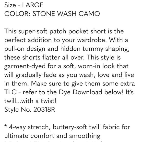 NEW Spanx Stretch Twill Shorts, 4 inch STONE WASH CAMO size L