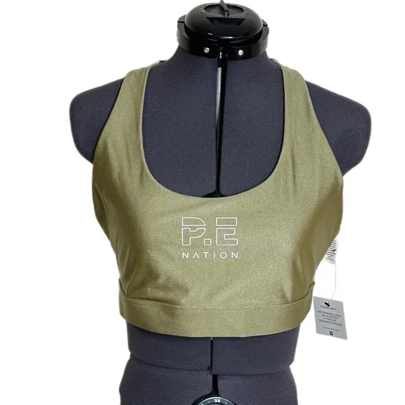 P.E Nation Metallic Gold Logo Scoop Neck Racerback Sports Bra NWT