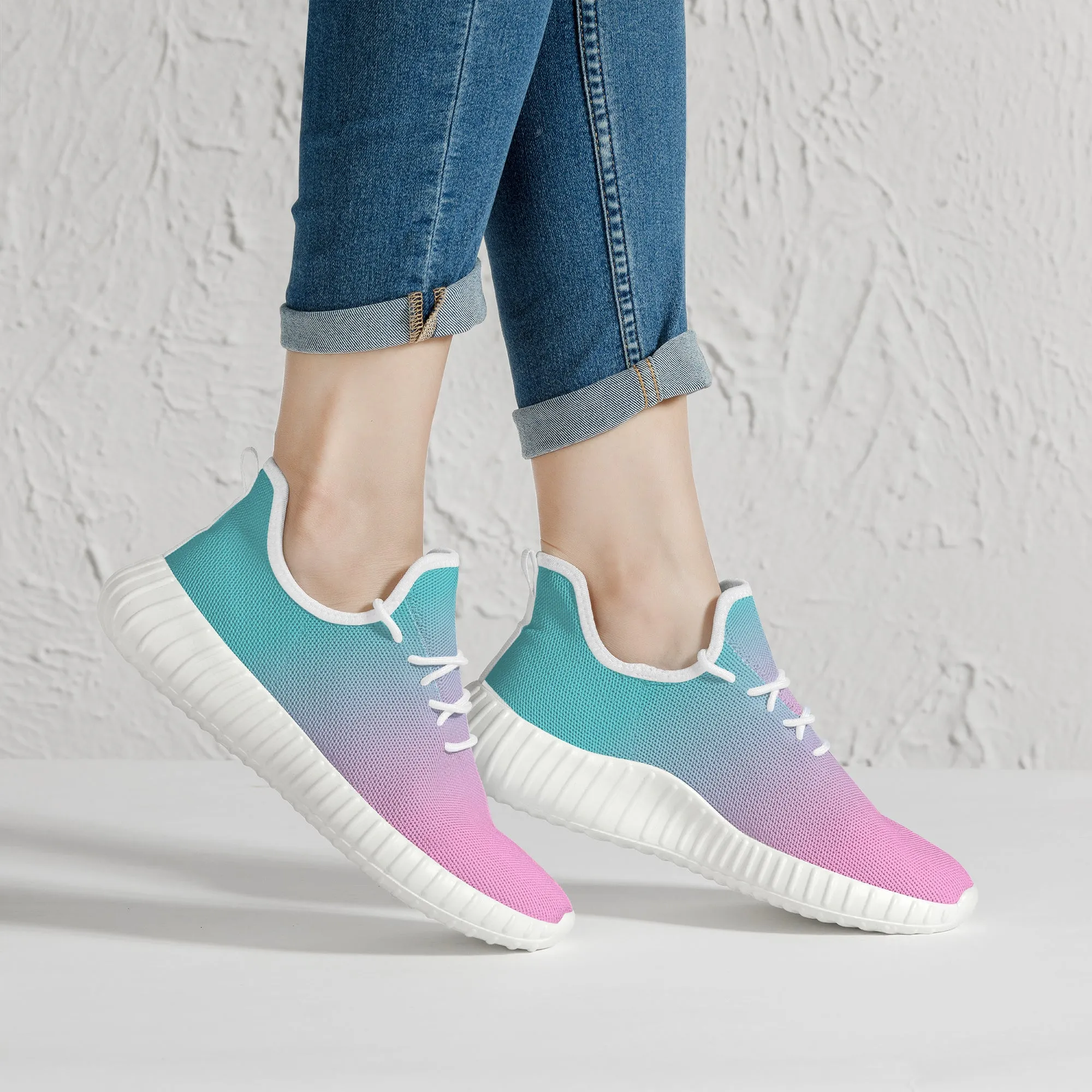 Pink fade to Teal Yeezy Styled Sneakers - White Soles
