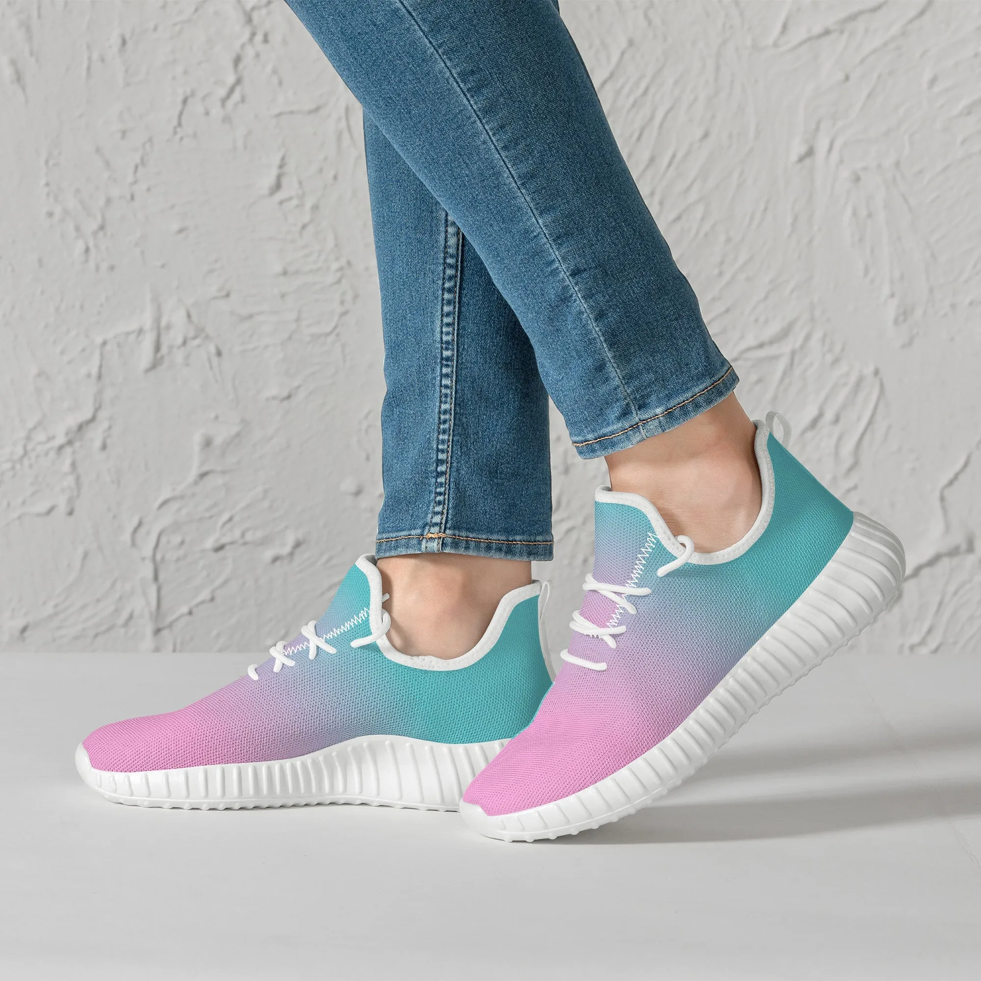Pink fade to Teal Yeezy Styled Sneakers - White Soles
