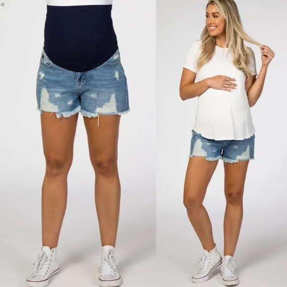 Pinkblush Medium Wash Distressed Fringe HemMaternity Full Panel Jean Shorts