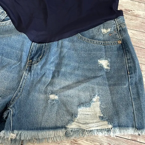 Pinkblush Medium Wash Distressed Fringe HemMaternity Full Panel Jean Shorts