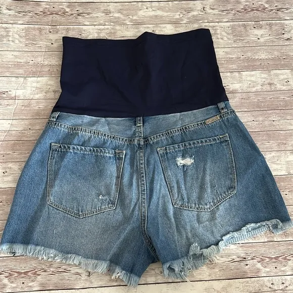 Pinkblush Medium Wash Distressed Fringe HemMaternity Full Panel Jean Shorts