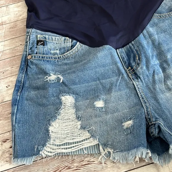 Pinkblush Medium Wash Distressed Fringe HemMaternity Full Panel Jean Shorts