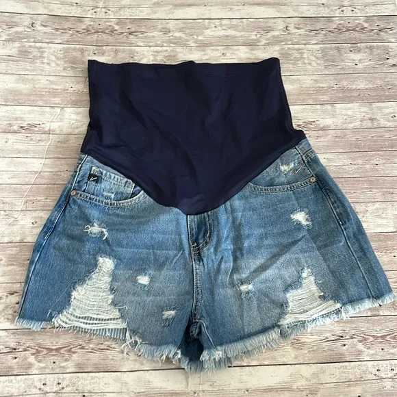 Pinkblush Medium Wash Distressed Fringe HemMaternity Full Panel Jean Shorts