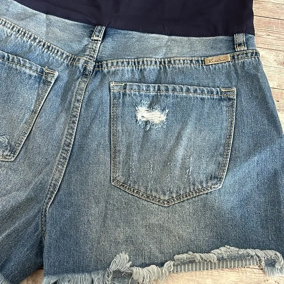Pinkblush Medium Wash Distressed Fringe HemMaternity Full Panel Jean Shorts