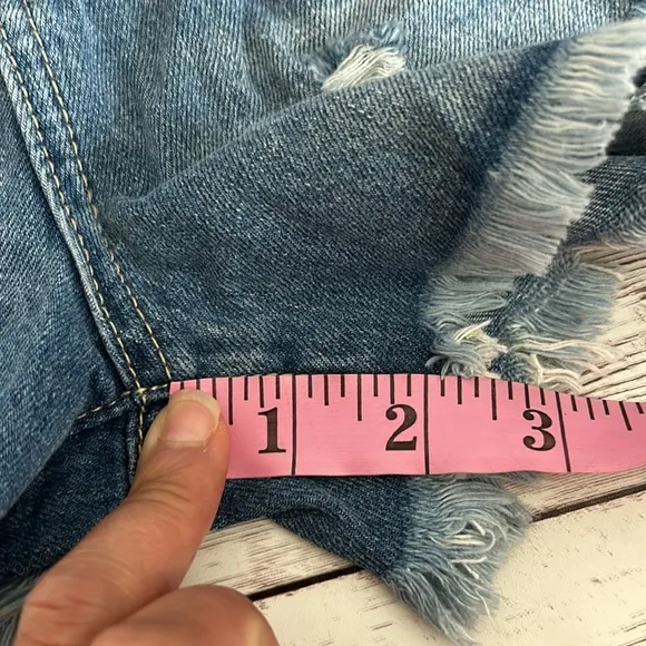 Pinkblush Medium Wash Distressed Fringe HemMaternity Full Panel Jean Shorts