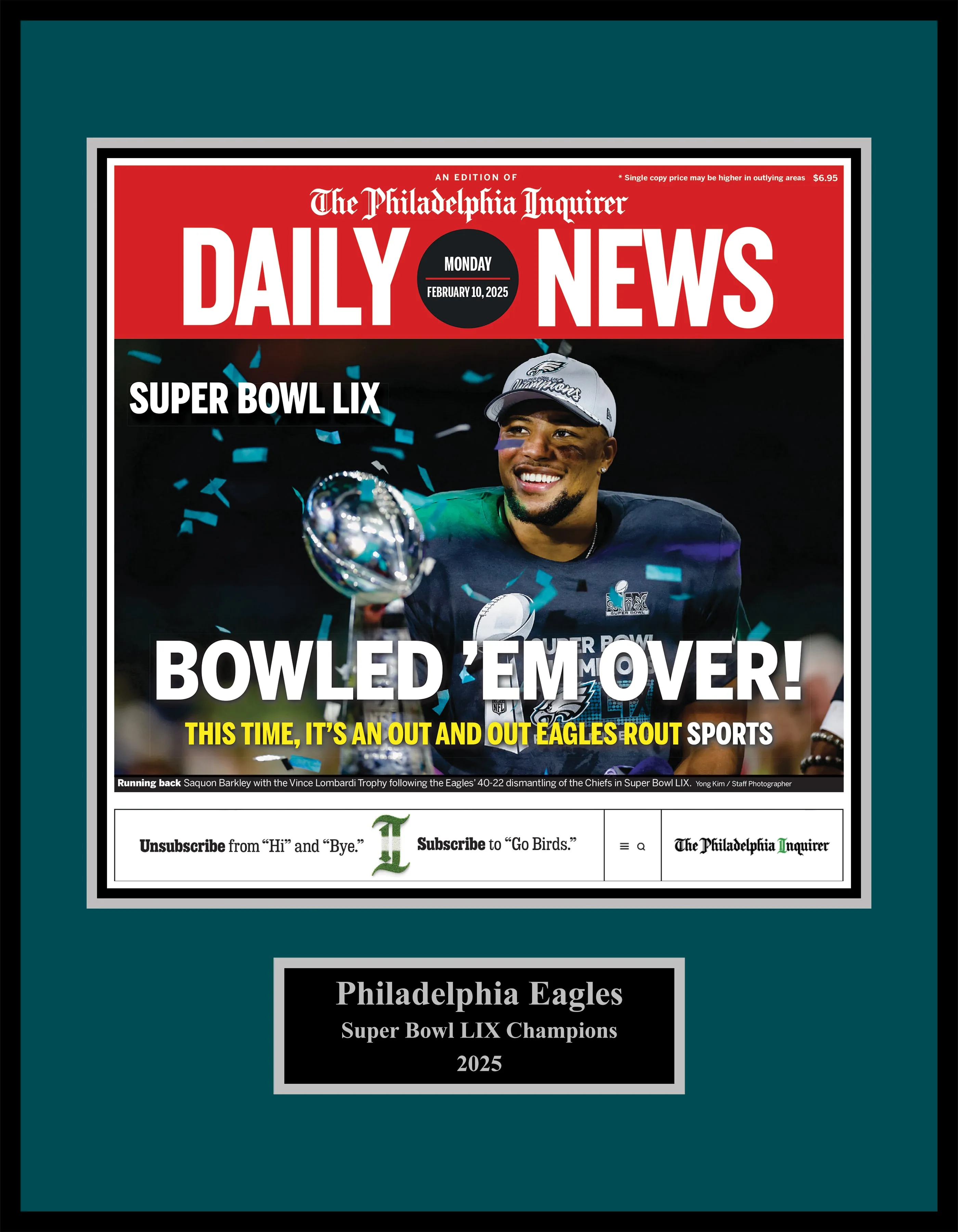 Plaque of the Front Page of the Daily News: 2/10/25 - Birds’ Big Game Win
