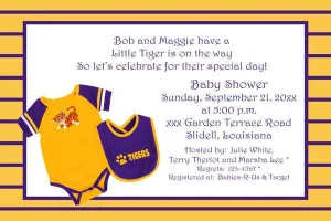 PURPLE GOLD BABY ONESIE AND BIB CUSTOM INVITATION
