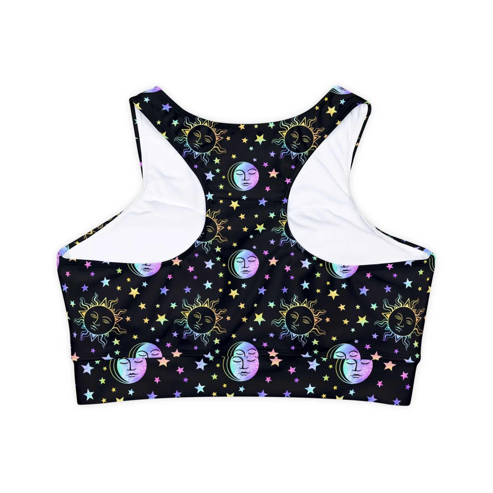 Rainbow Sun and Moon Fully Lined, Padded Sports Bra, Black and White Sports Bra, Lined Athletic Top, Fitness Apparel