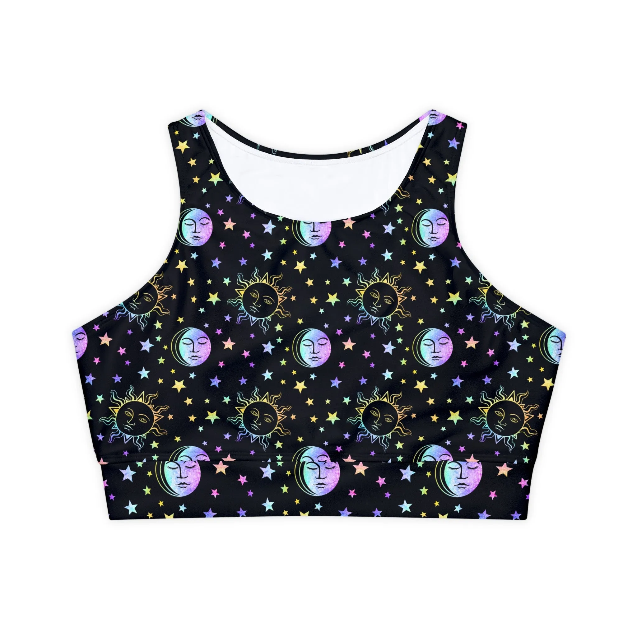 Rainbow Sun and Moon Fully Lined, Padded Sports Bra, Black and White Sports Bra, Lined Athletic Top, Fitness Apparel