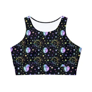 Rainbow Sun and Moon Fully Lined, Padded Sports Bra, Black and White Sports Bra, Lined Athletic Top, Fitness Apparel