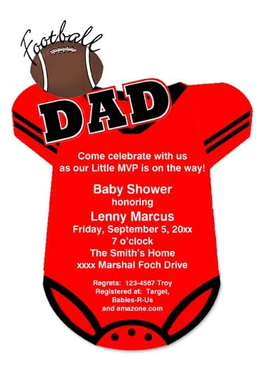 RED AND BLACK FOOTBALL ONESIE CUSTOM INVITATION