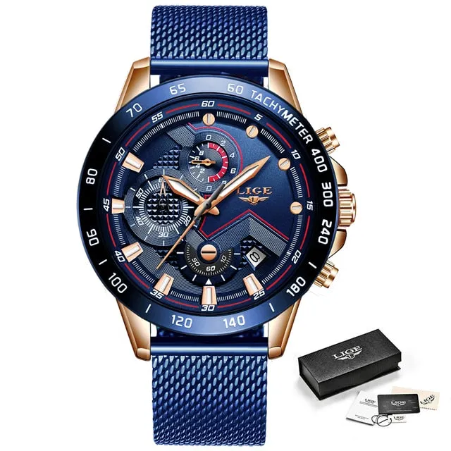 Relojes LIGE Mens Watches Top Brand Luxury Fashion Blue Business Quartz Watch Men Stainless Steel Waterproof Military Watch Male