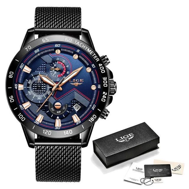 Relojes LIGE Mens Watches Top Brand Luxury Fashion Blue Business Quartz Watch Men Stainless Steel Waterproof Military Watch Male