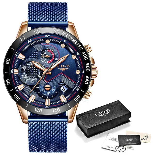 Relojes LIGE Mens Watches Top Brand Luxury Fashion Blue Business Quartz Watch Men Stainless Steel Waterproof Military Watch Male