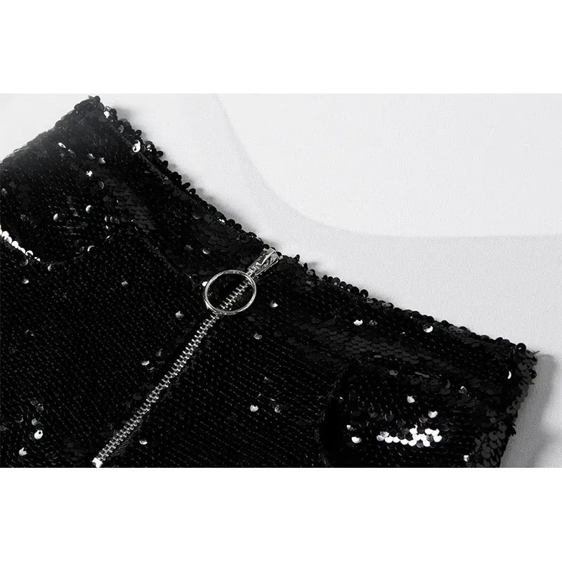 Sequin Shorts High Waist O-Ring Zip Front Bodycon