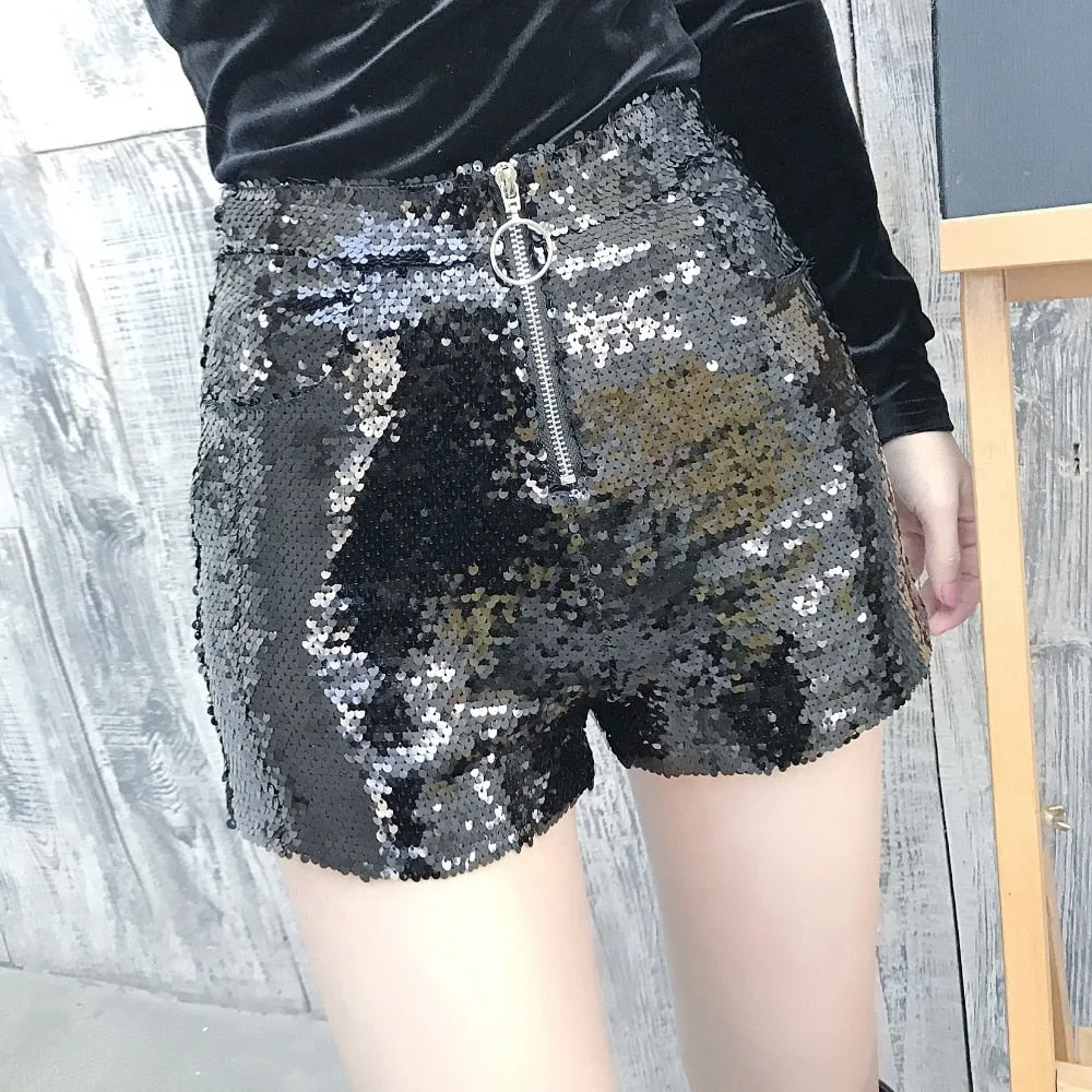 Sequin Shorts High Waist O-Ring Zip Front Bodycon