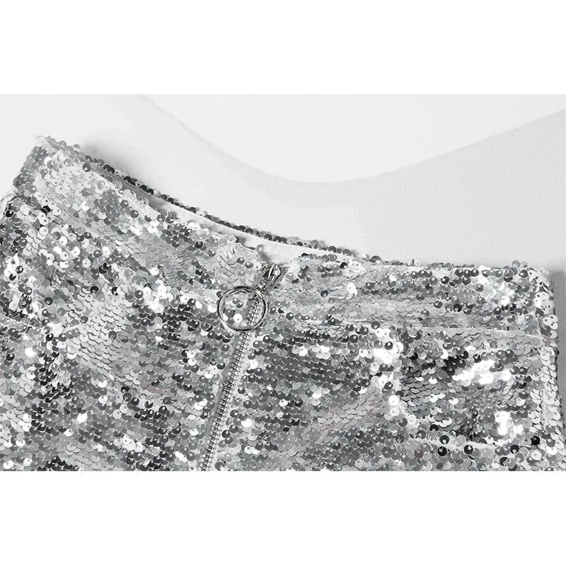 Sequin Shorts High Waist O-Ring Zip Front Bodycon
