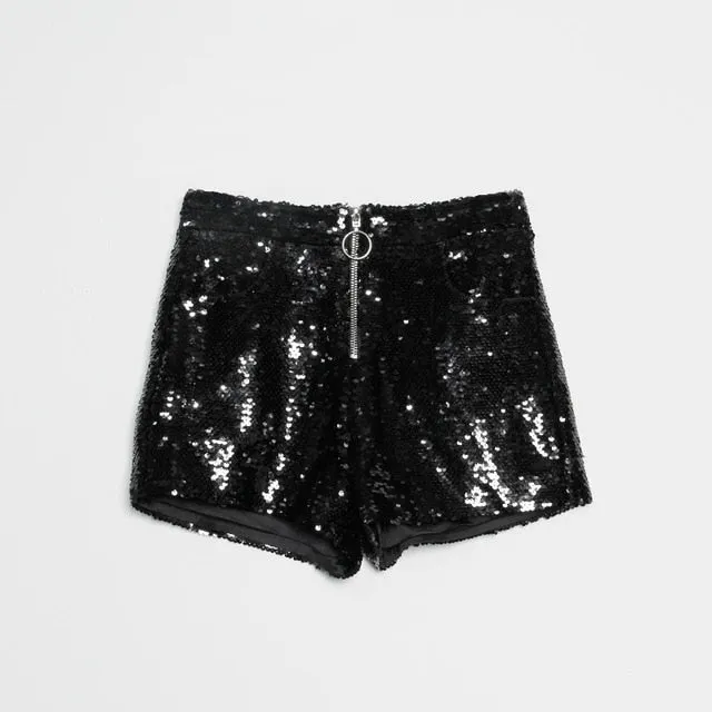 Sequin Shorts High Waist O-Ring Zip Front Bodycon